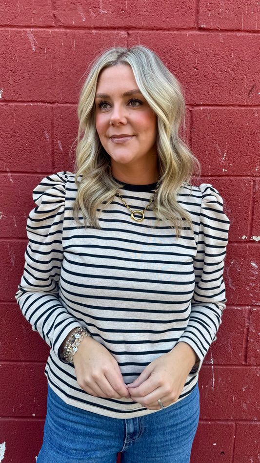 Paula Puff Sleeve Striped Top - Oatmeal