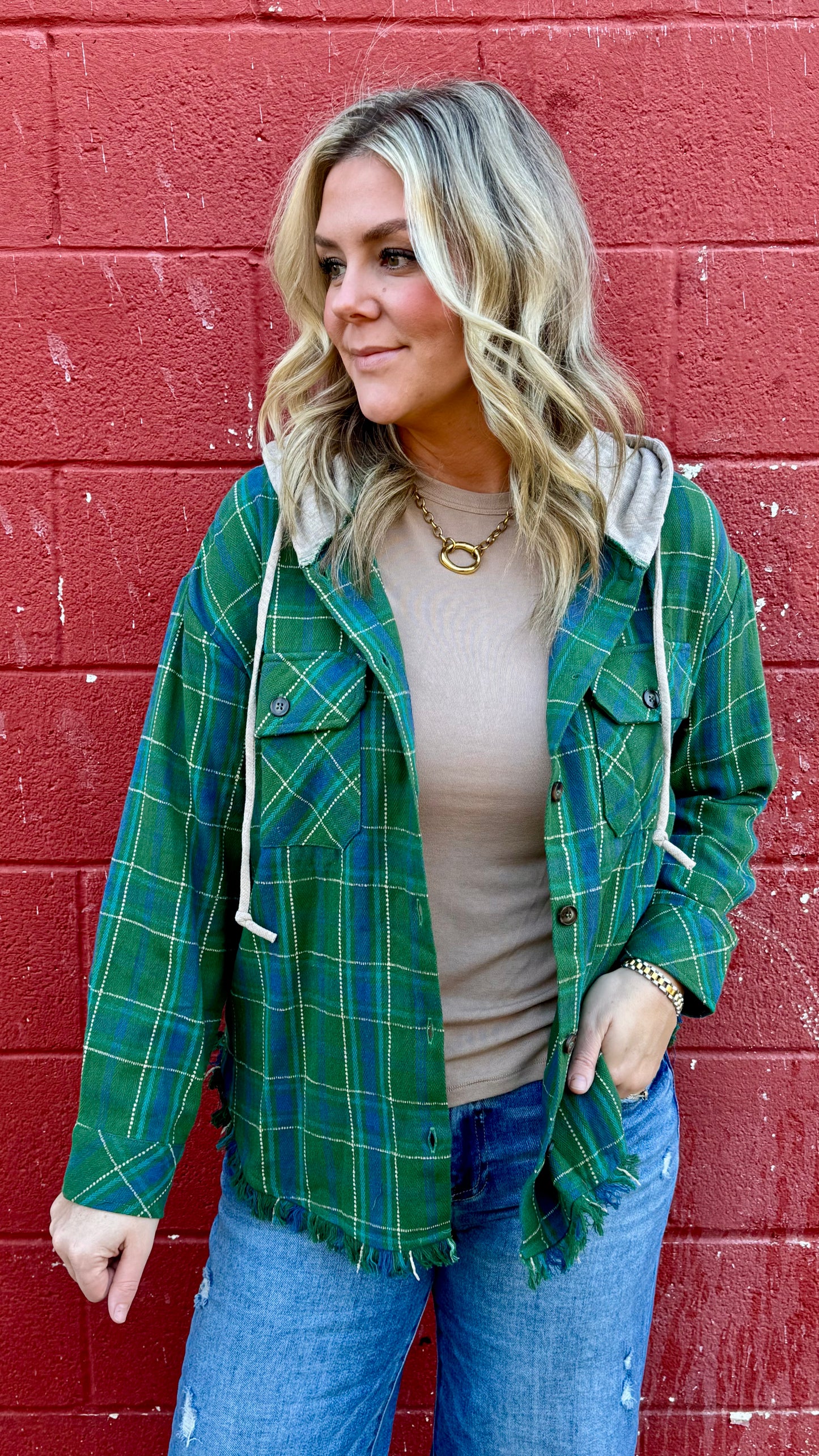Plaid Hooded Flannel - Green