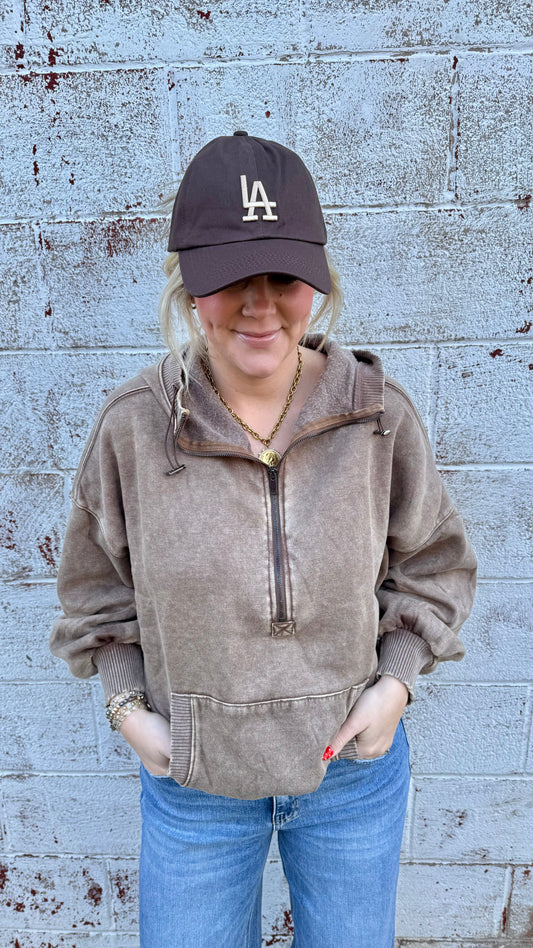 Fleece Half Zip Drawstring Hoodie - Mocha