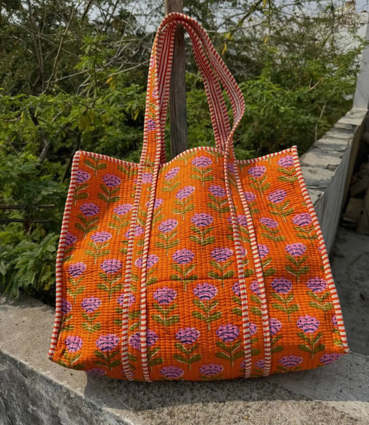 Orange Floral Quilted Tote