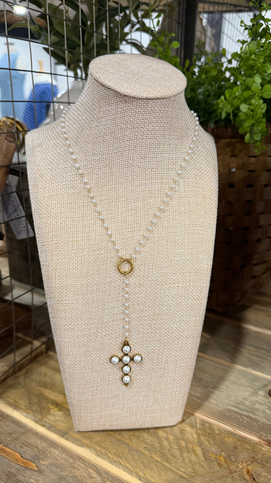 Lariat Pearl Cross Necklace