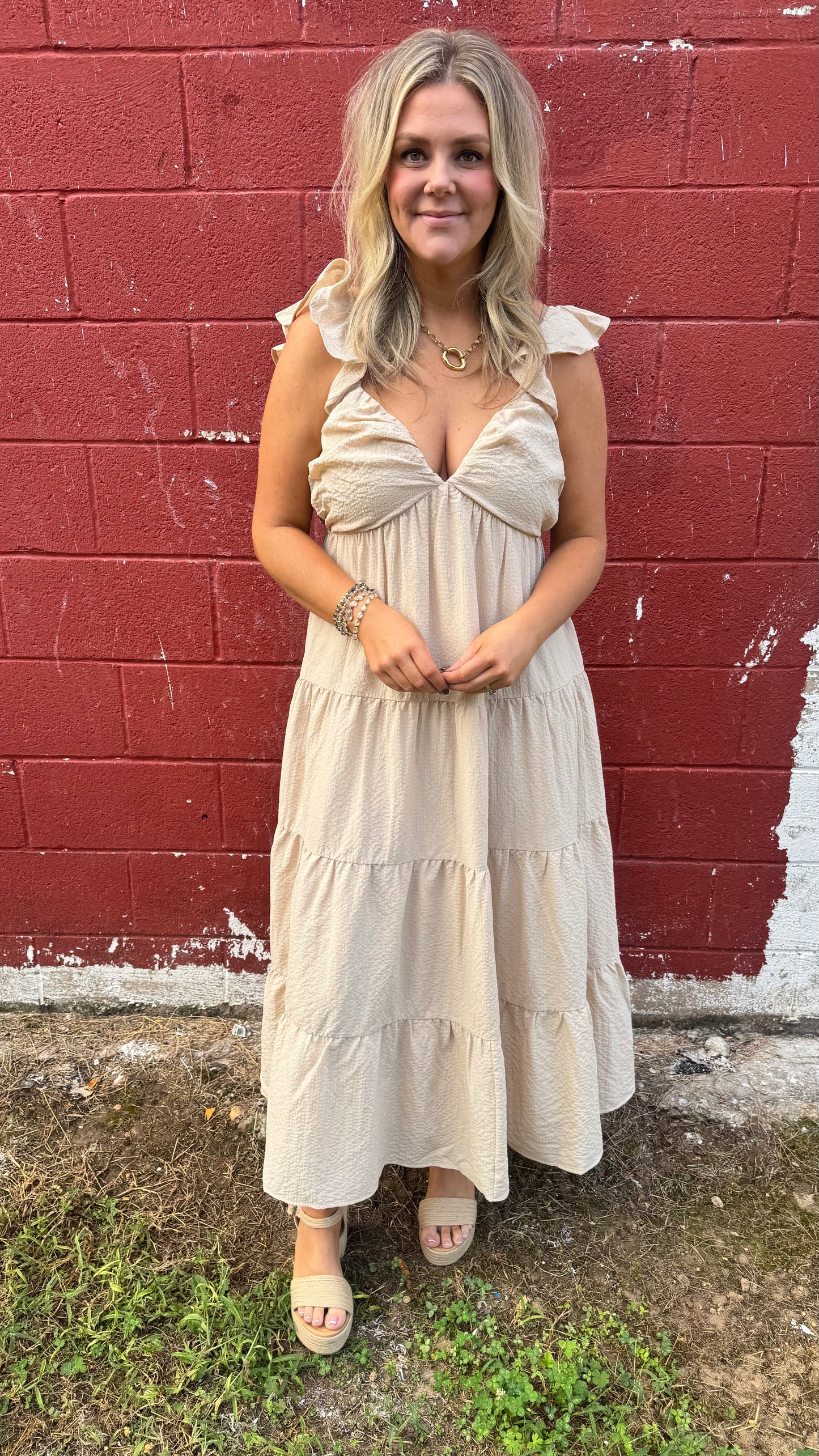 Textured Tiered Midi Dress - Champagne