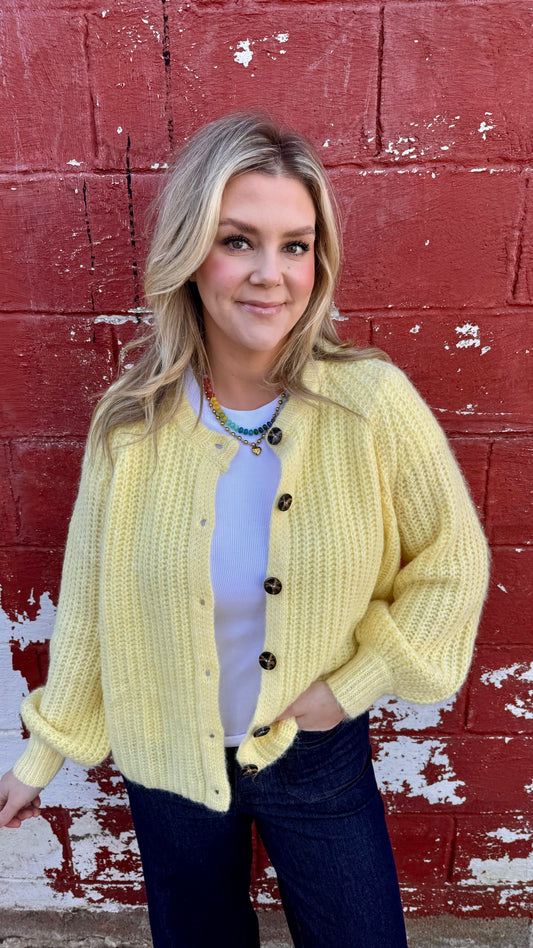 Brushed Button Up Cardigan - Yellow