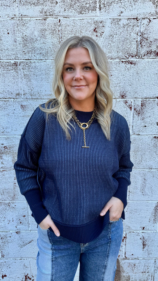 Demi Two Toned Ribbed Sweater - Navy