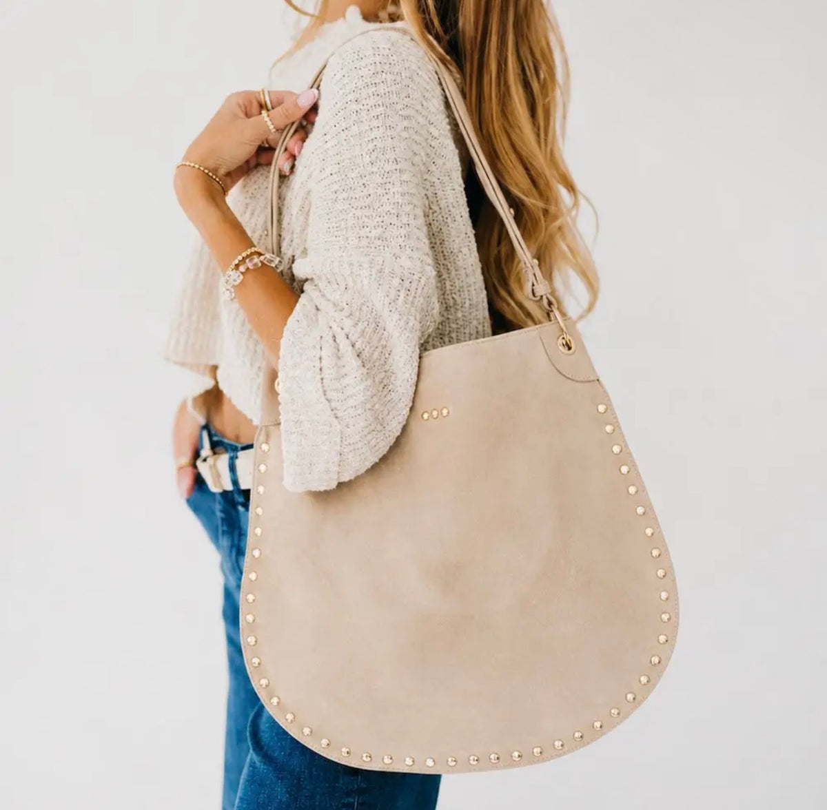 Rivet Suede Hobo Bag - Oat