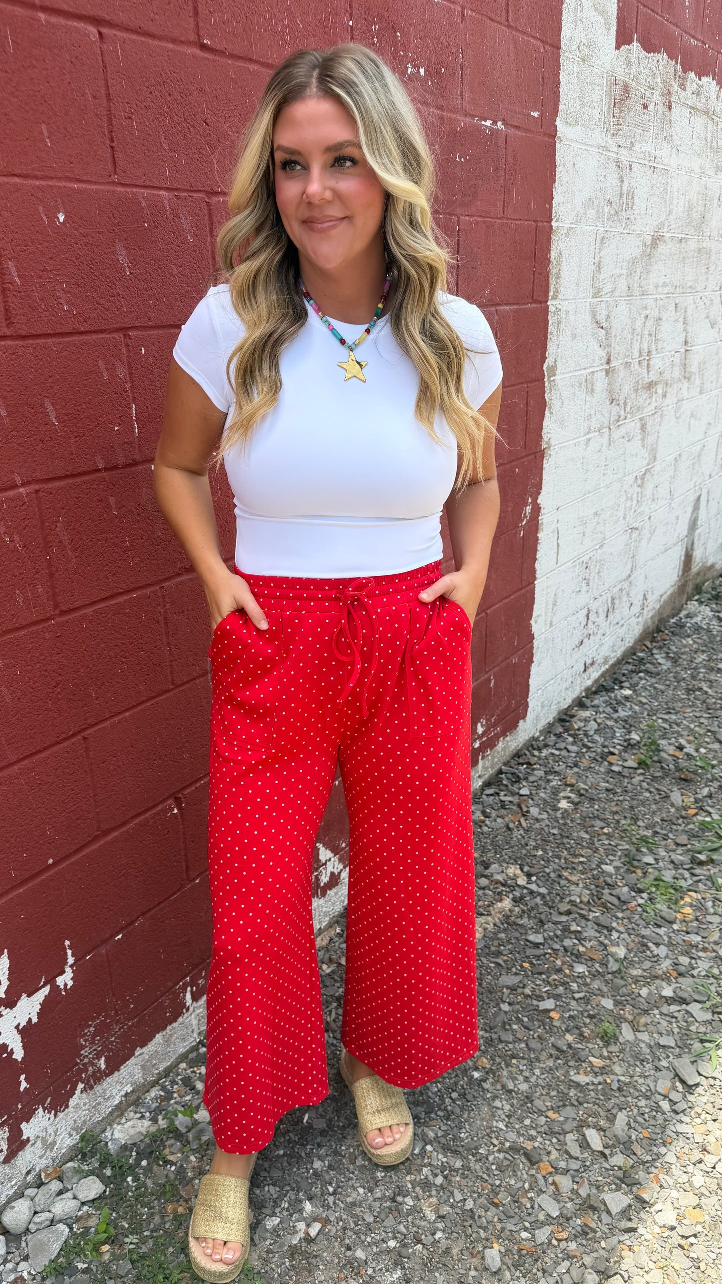 Relaxed Polka Dot Wide Leg Pants - Red