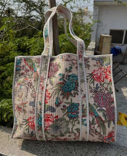 Cream Floral/Bird Quilted Tote