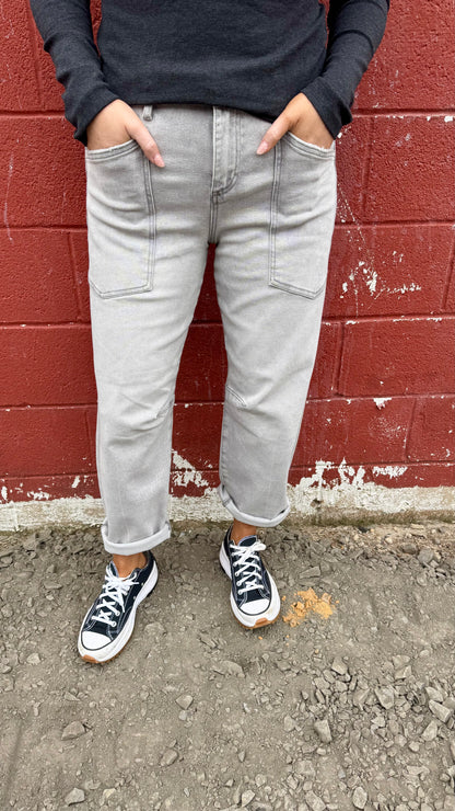Grey Mid Rise Barrel Jeans