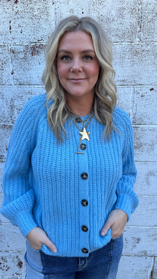 Brushed Button Up Cardigan - Blue