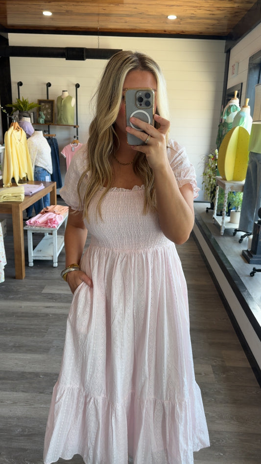 Smocked Eyelet Lace Maxi Dress - Pink