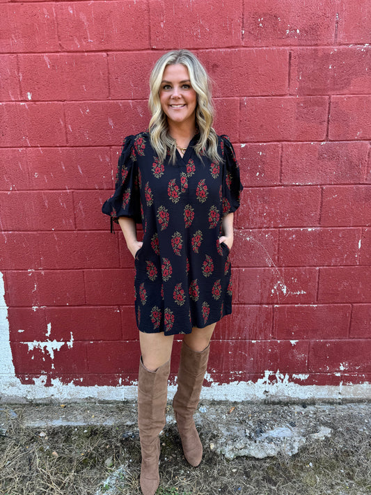 Black Floral Print Mini Dress