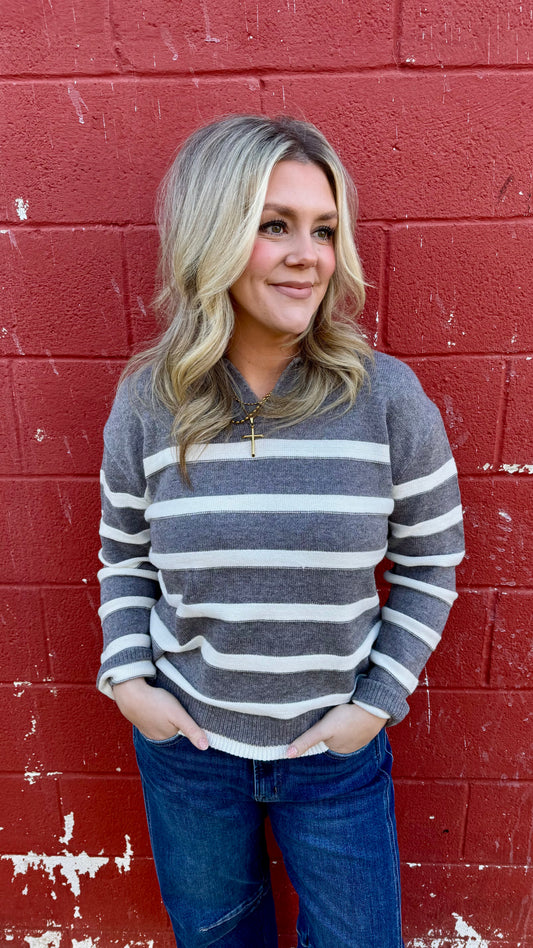 Sasha Split Neck Striped Pullover - Grey/White