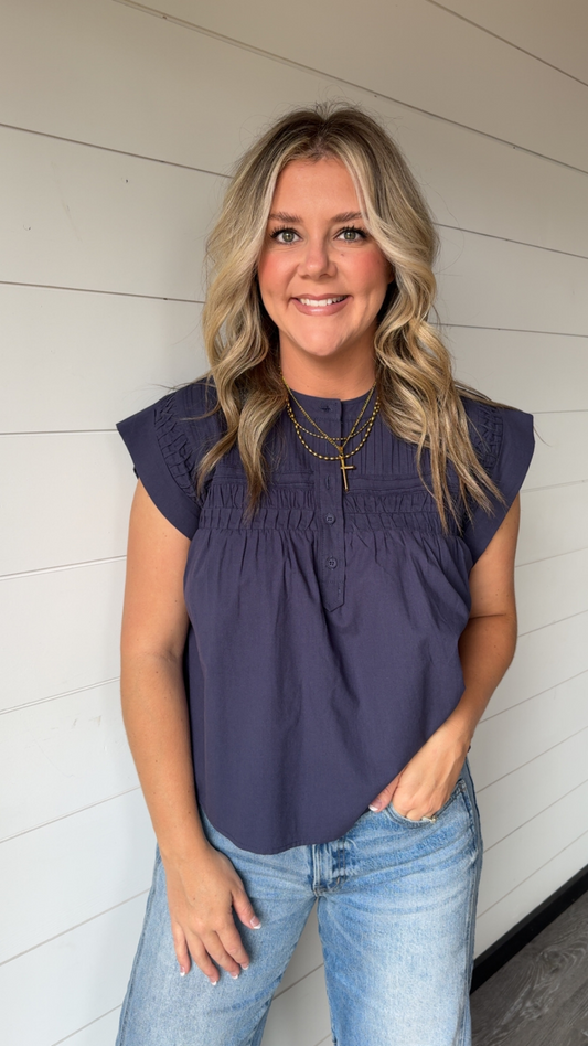 WL Pintucked Cap Sleeve Blouse - Navy